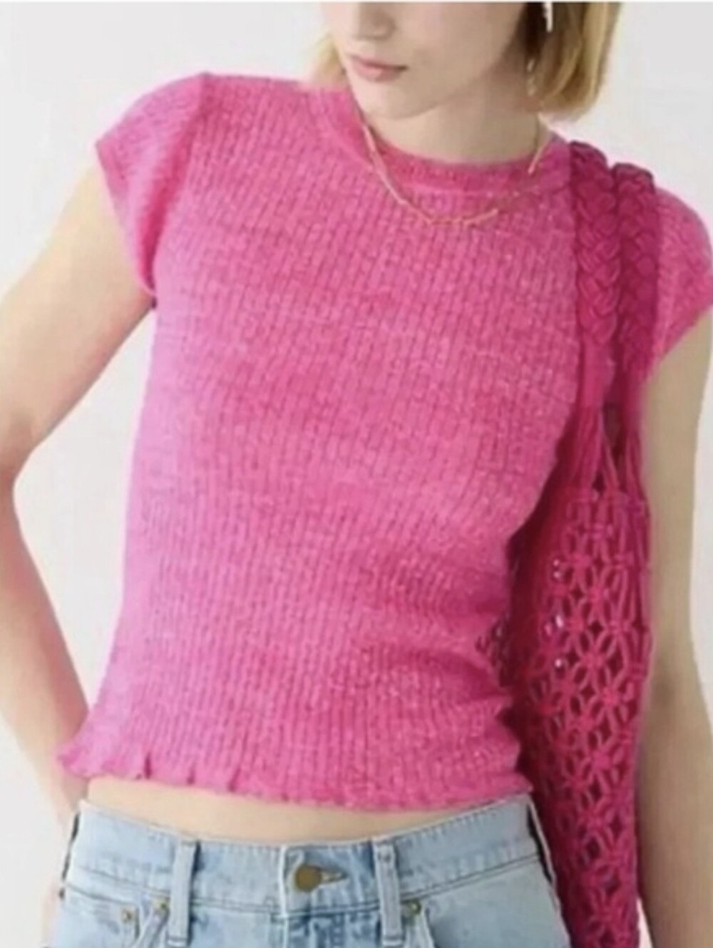J Crew Merino Wool Blend Cap Sleeve Crewneck Sweater T-Shirt Hot Pink Small